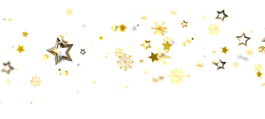 Elegant gold stars and snowflakes on white background creating a cheerful celebratory backdrop. Perfect for Christmas New Year greeting cards an