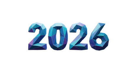 Abstract 3d polygonal crystal numbers year 2026 in blue and purple tones isolated on transparent background