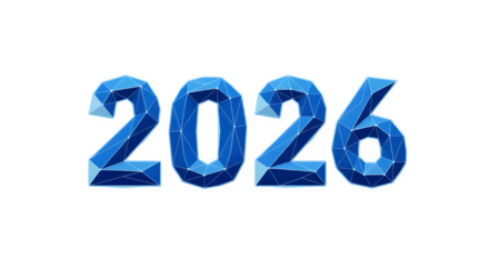 Bold blue icy numbers representing the year 2026 with a textured crystalline appearance isolated on transparent background