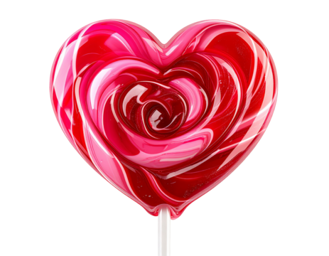 Heart shaped red and pink lollipop candy isolated on transparent background symbolizing love sweetness and romance for Valentine Day