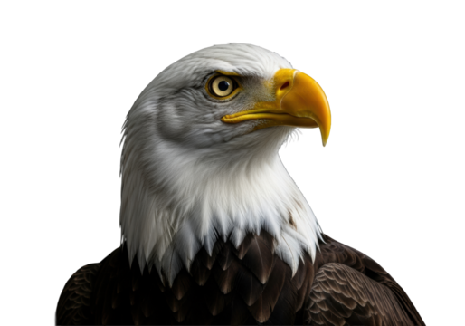 Majestic bald eagle, dark plumage, bright yellow eyes, studio on black background, dramatic chiaroscuro lighting, shallow depth-of-field, concept of strategic vision