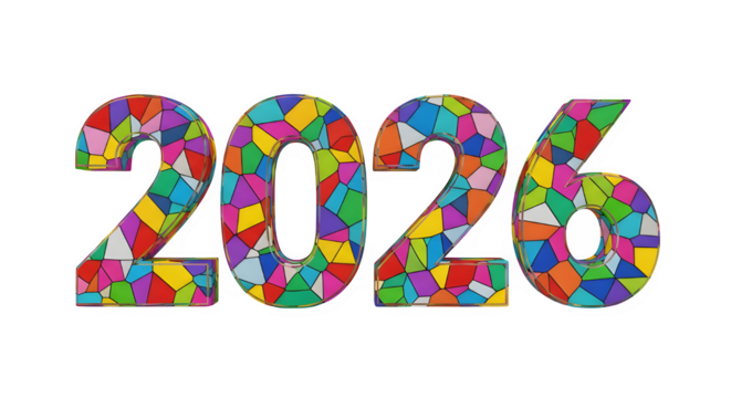 Colorful mosaic pattern numbers 2026 isolated on transparent background