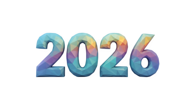 Colorful 2026 numbers with a vibrant gradient texture isolated on transparent background