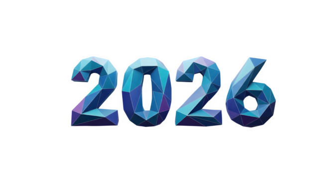 Abstract 3d polygonal crystal numbers year 2026 in blue and purple tones isolated on transparent background