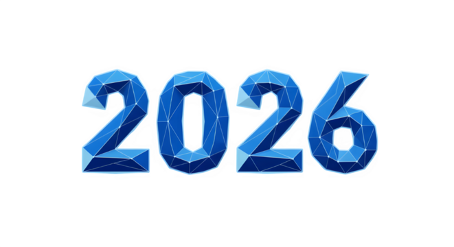 Bold blue icy numbers representing the year 2026 with a textured crystalline appearance isolated on transparent background