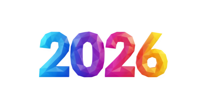 Colorful 3d numbers representing the year 2026 isolated on transparent background
