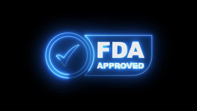glowing neon FDA Approved icon Food and Drug Administration label. FDA Approved blue Check Mark icon. FDA Approval icon and Medical Research, Healthcare Regulation and Pharmaceutical Process.