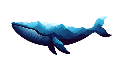 Flat vector of a whale made of mountain landscape elements inside, creative double exposure style