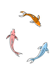 Monoline vector illustration of koi fish swimming in circular motion, elegant curved lines