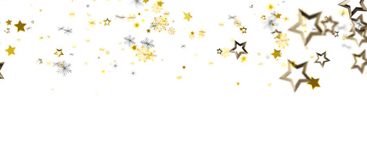 Elegant illustration of golden stars and snowflakes floating on a white background. Perfect for festive and celebratory designs. Ideal for Chris