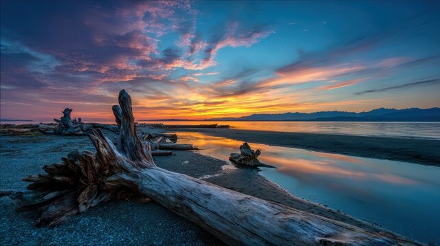 Vancouver Island Comox. Driftwood Beach Sunset overlooking Water and Ocean