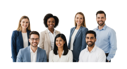 Six diverse business professionals, 30s-50s, smiling warmly and confidently in smart-casual attire, against a transparent studio background with high-key lighting. Concept of successful business