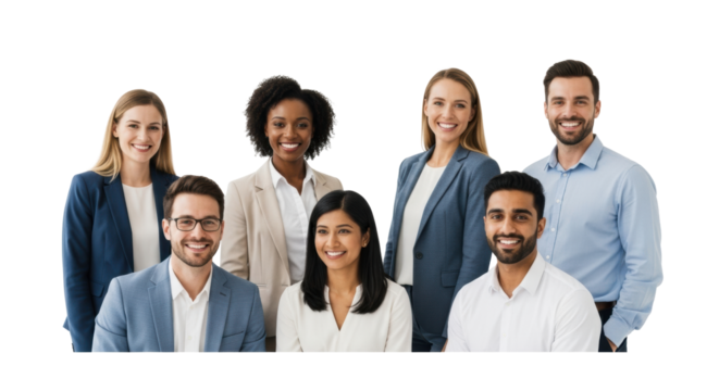 Six diverse business professionals, 30s-50s, smiling warmly and confidently in smart-casual attire, against a transparent studio background with high-key lighting. Concept of successful business