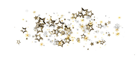 Beautiful golden and silver stars with snowflakes on a white background, perfect for Christmas, New Year, or birthday celebrations. Ideal for in