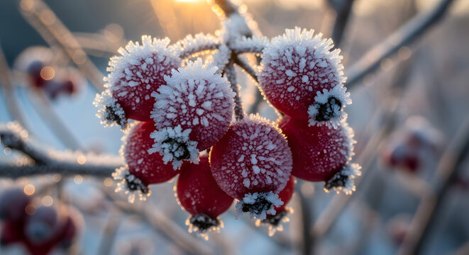 Frost-covered red berries hanging on branch in winter sunlight   - Powered by Adobe