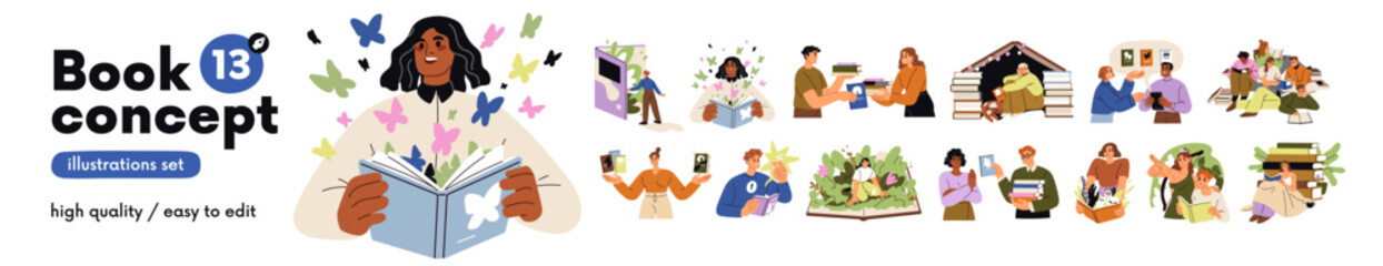 Book concepts, readers set. Happy people reading fiction, fantasy, fairytale, education and business literature. Knowledge, wisdom, imagination. Flat vector illustrations isolated on white background.