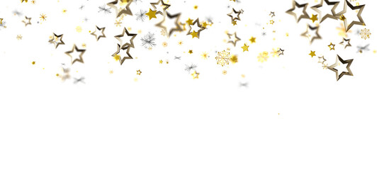 Elegant golden stars and snowflakes falling on a white background. Perfect for Christmas or celebration themes. Great for graphic design and add