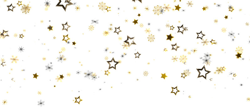 Abstract illustration of falling golden stars and sparkles on a white background. Perfect for Christmas, New Year, and celebration themed design