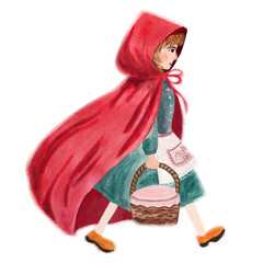Watercolor illustration of little red riding hood carrying basket, fairy tale character for children book, story, kid fantasy game.