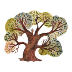 Watercolor tree with a lush, full canopy and small, varied leaves. Artistic natural element for invitation, greeting card, or decorative design.