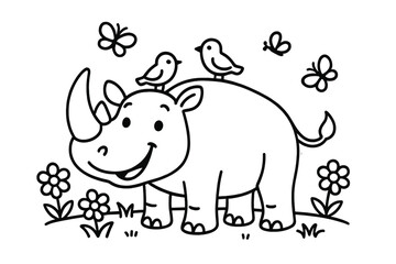Obraz premium Rhinoceros and Friends. Cheerful rhinoceros standing on the plain with birds on its back, butterflies, and flowers around, black