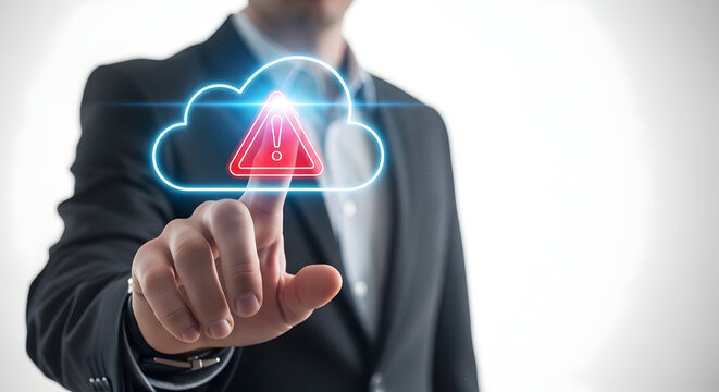 Professional identifies critical data security risk on a glowing cloud computing interface, symbolizing system vulnerabilities and alert management in digital infrastructure