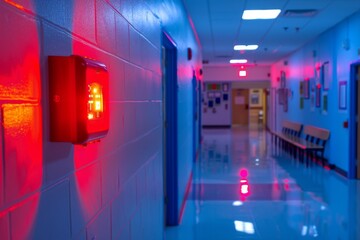 Emergency alarm light in a school hallway