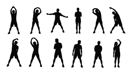 Silhouettes of people exercising and stretching isolated on transparent background, Vector