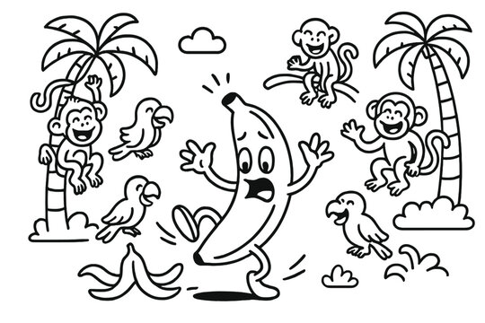 Banana Slip Comedy. Funny banana slipping on its peel while monkeys, parrots, and palm trees laugh around, black and white line