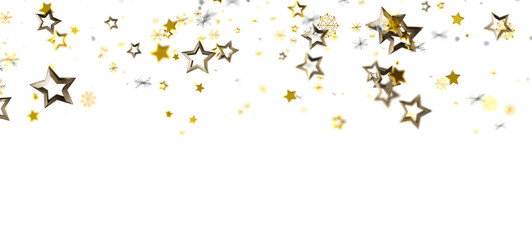 Festive background featuring gold stars and silver snowflakes on a bright white backdrop. Perfect for holiday season and celebration themes. Use