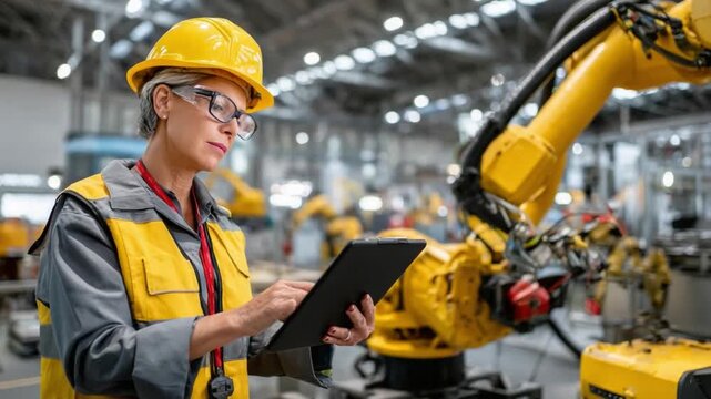 Precision and Progress: A woman engineer, in protective gear, uses a tablet in a modern industrial environment, overseeing robotic automation for optimized workflow and technological advancement.