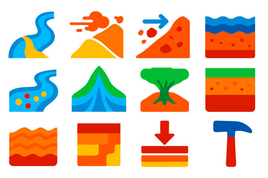 Geoarchaeology Icons. Flat vector icons of formation processes in geoarchaeology: river deposition, wind erosion, slope movement,