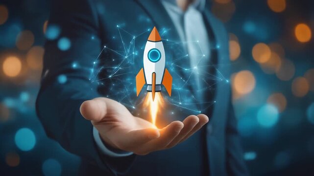 Businessman Presents Holographic Startup Rocket Launching Innovation Concept