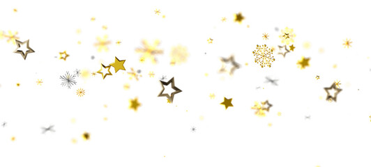 Festive Christmas holiday background with a glittery arrangement of gold stars and snowflakes. Perfect for seasonal designs and celebrations.