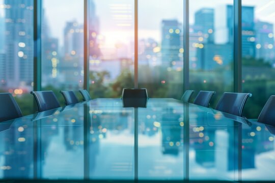 Modern conference room with city view at sunset