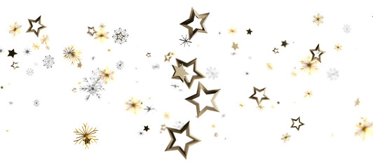 Elegant gold stars and snowflakes on a bright white background, perfect for festive designs, winter...