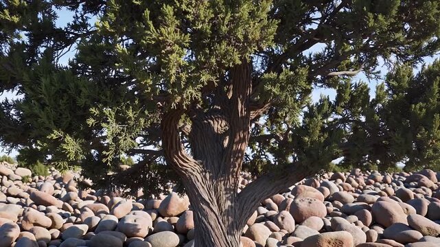 Botanical 4K footage juniper tree possibly common Phoenician species swaying gently under sunlight dry rocky environment&mdash;great nature botany visuals