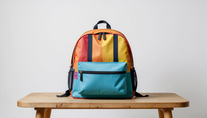 A vibrant and colorful backpack with vertical rainbow stripes and a blue front pocket resting on a wooden bench against a clean, plain background