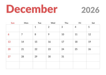 Monthly page Calendar Planner Template design of December 2026. Vector layout of calendar with week start Sunday for Scheduling. Page for size A4 or 21x29.7 cm