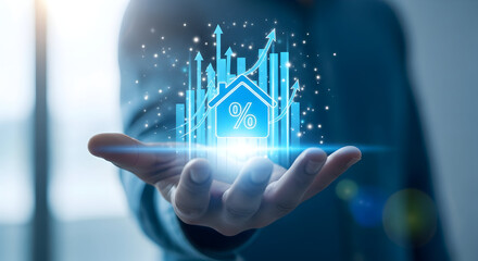 Hand holding a luminous house icon with rising graphs and percentage, symbolizing real estate market growth, successful property investment, and increasing home value