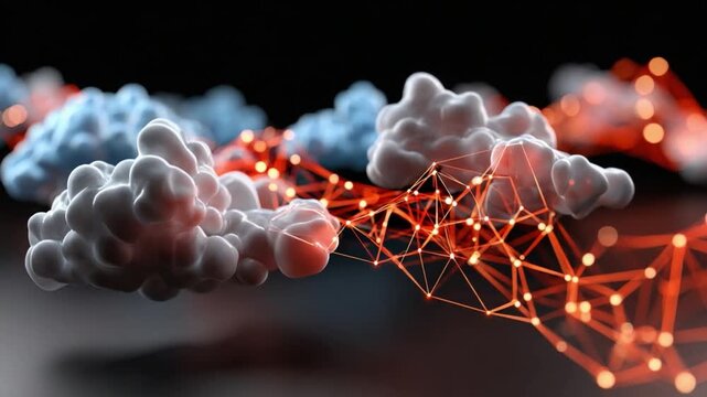 Digital Cloudscape: A captivating composition of digital clouds and interconnected nodes, illustrating the concepts of data, networks, and the digital realm. 
