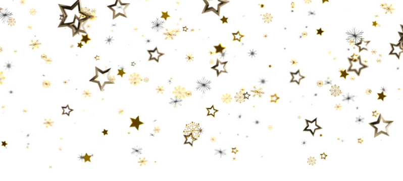Abstract design with golden stars and glittering snowflakes on a clean white backdrop, perfect for festive or celebratory themes.