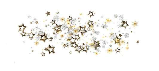 Festive background with gold and silver star and snowflake confetti on a white backdrop. Great for...