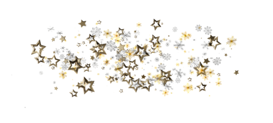 Festive background with gold and silver star and snowflake confetti on a white backdrop. Great for Christmas, New Year, or celebration designs.