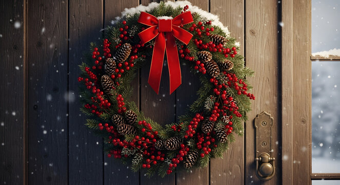 Christmas wreath decorated with red berries and pine cones on door - Powered by Adobe