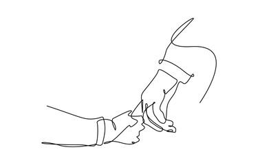 One continuous line drawing of baby kid hand holding mom dad parents hands. Vector illustration on transparent background
