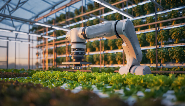 industrial robot arm working in greenhouse growing vegetables - Powered by Adobe