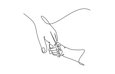 One continuous line drawing of baby kid hand holding mom dad parents hands. Vector illustration on transparent background
