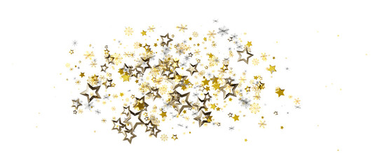 Stunning gold and silver star confetti elements on white backdrop, perfect for holiday designs, party themes, or any festive visual. Ideal for b
