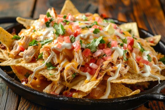 Delicious nachos topped with chicken and fresh ingredients